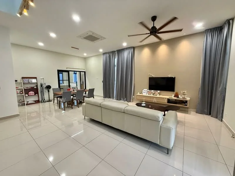 Living features: 3-seater leather sofa in white, coffee table, wall-mounted TV, TV console, 5-blade ceiling fan with light, recessed downlights, white painted walls, glossy tile flooring, curtains in grey, decorative wall art; style: modern. Dining features: 6-seater dining table, upholstered dining chairs, decorative centerpiece, white painted walls, glossy tile flooring; style: modern.