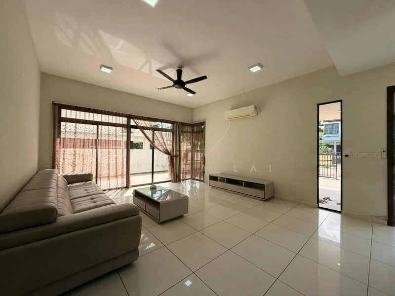 Living features: 3-seater fabric sofa in light grey, coffee table, floor-to-ceiling windows, sliding glass door, sheer curtains, recessed LED downlights, 5-blade ceiling fan, wall-mounted split AC, white painted walls, glossy ceramic tile flooring; style: modern; view: garden.