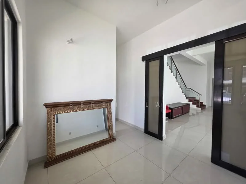 Room features: white painted walls, large mirror with ornate frame, tile flooring, staircase with metal railing, large windows, natural light, open layout, minimalist decor; style: modern.