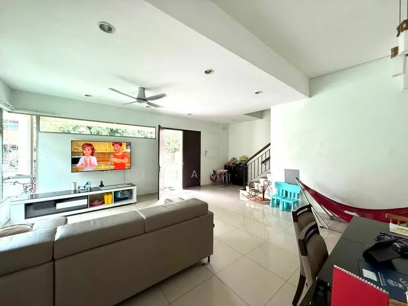 Living features: 3-seater fabric sofa in beige, wall-mounted TV, TV console, ceiling fan, large windows with natural light, white painted walls, glossy tile flooring, open layout, decorative wall with artwork, dining table with chairs, hammock, small children's table, staircase visible in background; style: modern; view: garden.