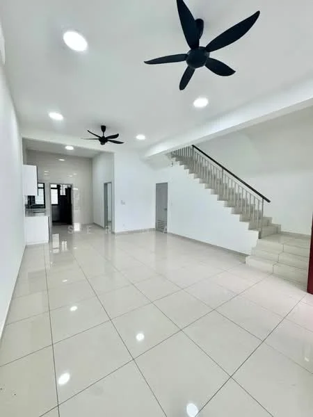 Living features: white painted walls, glossy ceramic tile flooring, 5-blade ceiling fan with light, 2 ceiling fans, staircase with metal railing, large windows for natural light, open layout, recessed lighting; style: modern. Kitchen features: white cabinetry, countertop, open to living area; style: modern.