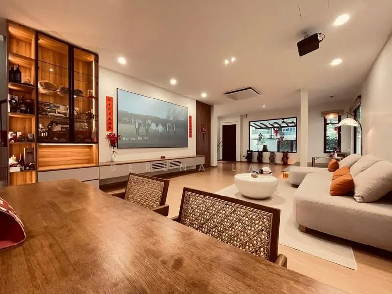 Living features: light wood flooring, white painted walls, recessed downlights, large wall-mounted TV, built-in shelving unit with glass doors, decorative vases on shelves, sofa with light fabric upholstery, orange accent pillows on sofa, round coffee table, area rug with geometric pattern, floor-to-ceiling windows, view of outdoor patio, dining table with wooden surface, woven dining chairs; style: modern; view: garden.
