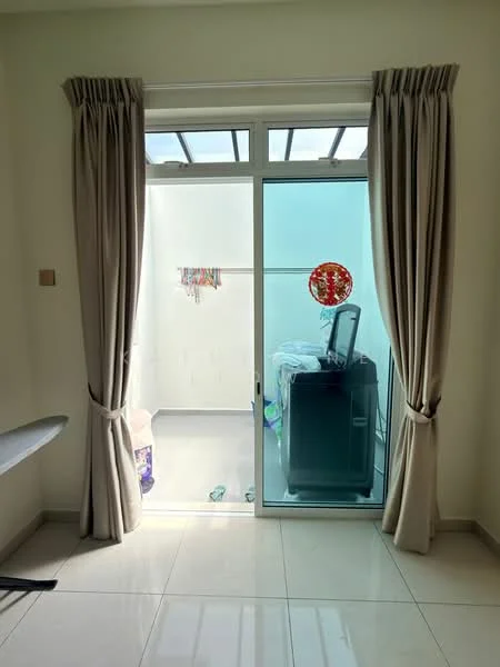 Laundry features: floor-to-ceiling sliding glass door, curtains, white walls, tile flooring, washing machine, ironing board, utility area, natural light from window.