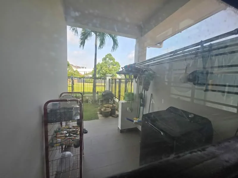 Room features: sliding glass door, grey tiled flooring, laundry rack, outdoor storage unit, fenced outdoor area, potted plants, greenery view; view: garden.