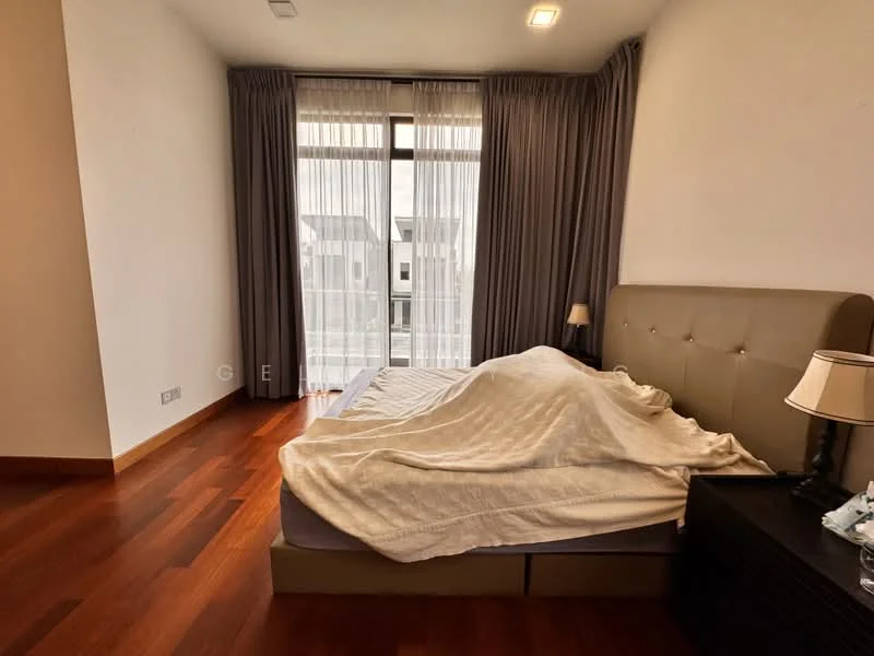 Bedroom features: king-size bed with upholstered headboard, white bedding, wooden flooring, floor-to-ceiling windows, sheer curtains, dark wood bedside tables, table lamps, neutral wall color, decorative wall paneling; style: modern.