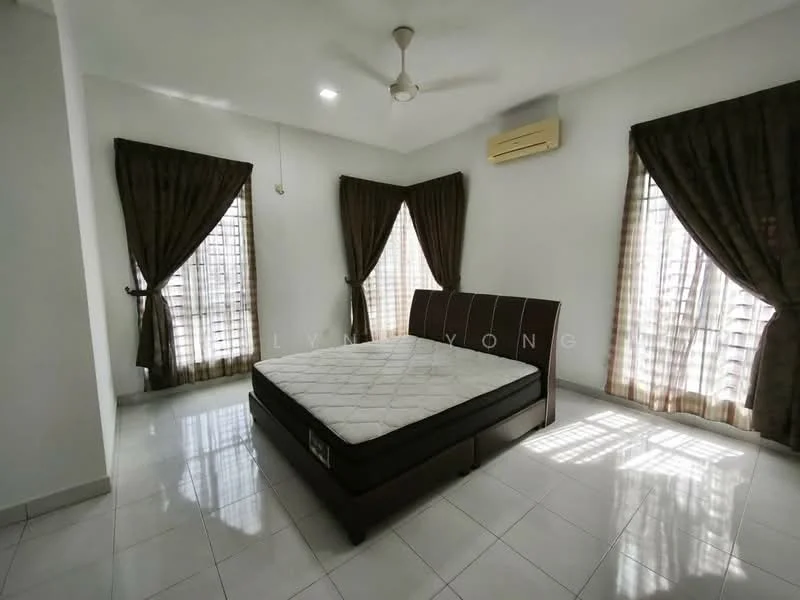 Bedroom features: queen-size bed frame without mattress, 2 large windows with sheer curtains, brown curtains, white painted walls, white tiled flooring, ceiling fan, wall-mounted air conditioning unit, light fixture in ceiling; style: modern.