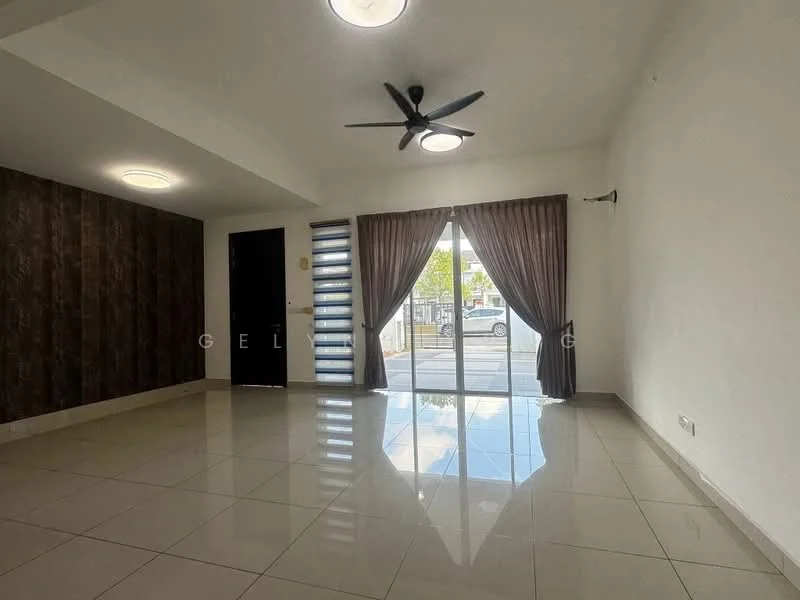 Living features: white painted walls, grey accent wall, polished ceramic tile flooring, 5-blade ceiling fan with light, floor-to-ceiling sliding glass door, sheer curtains, recessed downlights, door leading outside; style: modern; view: city.