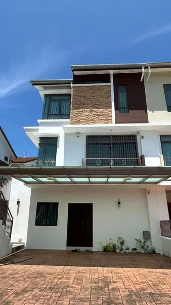 Exterior type: semi-detached house; features: white painted facade, brown accent wall, stone cladding, balcony with railing, ground floor entrance, paved driveway, manicured landscaping, visible air conditioning unit; style: modern.