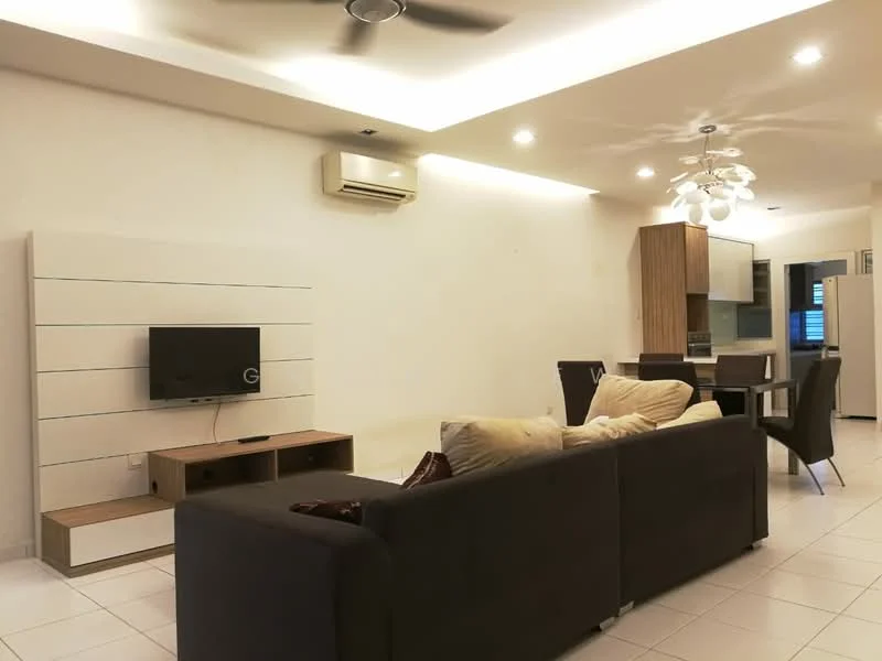 Living features: 5-blade ceiling fan with light, recessed downlights, wall-mounted TV, TV console, sofa in dark fabric, coffee table, open-plan layout, white painted walls, tile flooring, air conditioning unit, decorative ceiling, dining area visible in background; style: modern.