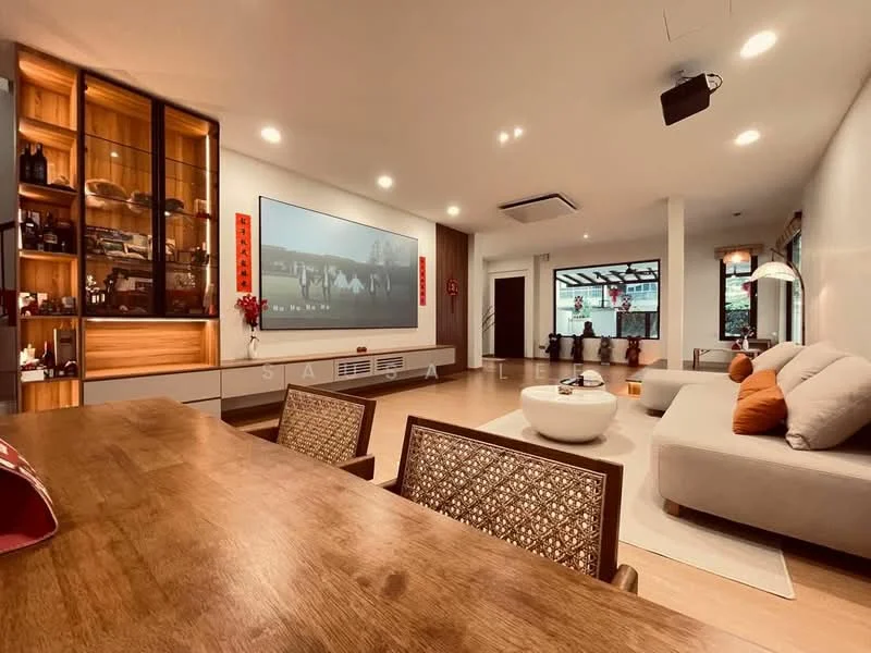 Living features: light wood flooring, white painted walls, recessed downlights, large wall-mounted TV, built-in wooden shelving unit, cream fabric sectional sofa, round coffee table, decorative wall art, floor-to-ceiling windows, sheer curtains, dining table with wooden chairs, open layout, decorative plants; style: modern; view: garden.