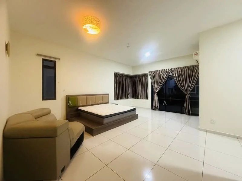 Bedroom features: white painted walls, glossy white tile flooring, tray ceiling with light fixture, large window with city view, blackout curtains, queen-size bed with headboard, sofa in beige fabric, air conditioning unit; style: modern; view: city.