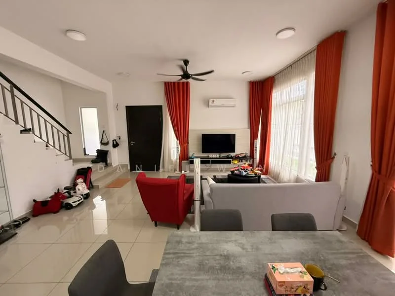 Living features: 5-blade ceiling fan with light, wall-mounted TV, grey fabric sofa, red armchair, coffee table, area rug, large windows with sheer curtains, white walls, tile flooring, air conditioning unit, decorative plants, orange curtains; style: modern. Room features: staircase with metal railing, entrance door, white walls, tile flooring.