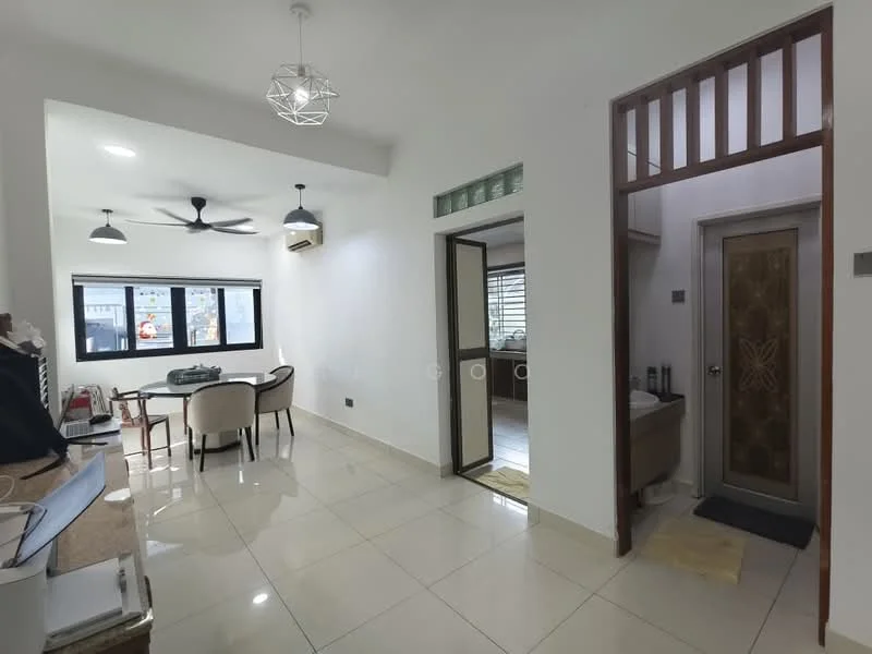 Living features: white painted walls, glossy tile flooring, 5-blade ceiling fan with light, floor-to-ceiling windows, dining table with chairs, air conditioning unit, decorative pendant light, neutral color scheme; style: modern. Room features: door with decorative panel, bathroom sink, tiled flooring, window with blinds.