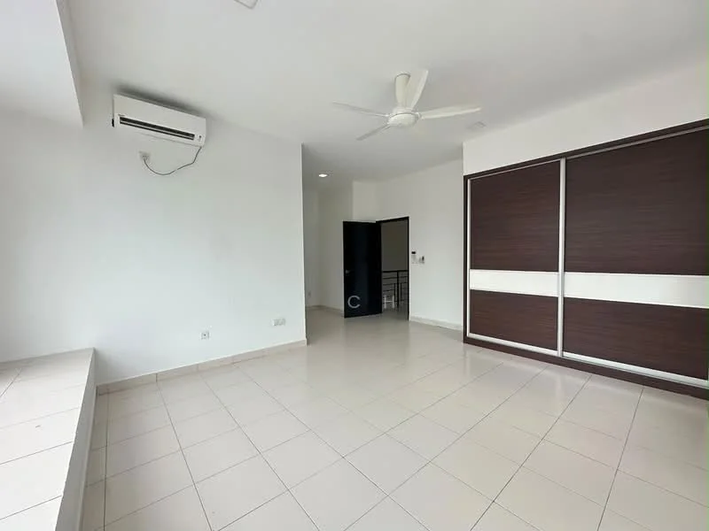 Room features: white painted walls, light-colored tiled flooring, ceiling fan, wall-mounted split AC, built-in wardrobe with sliding doors, neutral color scheme, large window for natural light, open layout; style: modern.