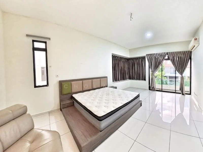 Bedroom features: white painted walls, glossy ceramic tile flooring, floor-to-ceiling windows, curtains, queen-size bed base without mattress, upholstered headboard, air conditioning unit, corner window, balcony access, light fixture in ceiling; style: modern; view: garden.