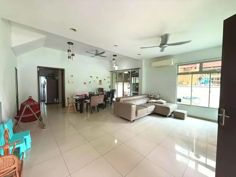 Living features: cream painted walls, glossy ceramic tile flooring, 5-blade ceiling fan with light, floor-to-ceiling windows, sliding glass door, recessed downlights, sofa in light grey, dining table with chairs, air conditioning unit, decorative wall art, open layout, natural light from windows; style: modern; view: garden.