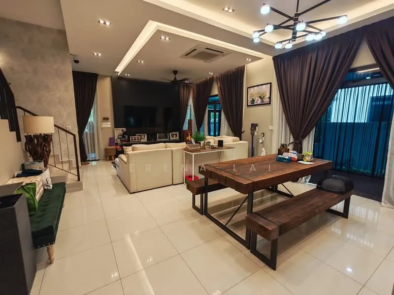 Living features: white painted walls, recessed ceiling with LED lights, marble tile flooring, 5-blade ceiling fan with light, sofa set in white leather, coffee table in wood, TV console with wall-mounted TV, decorative wall art, large windows with sheer curtains, dining table in wood with bench seating, green accent bench, staircase with wooden railing; style: modern; view: garden.