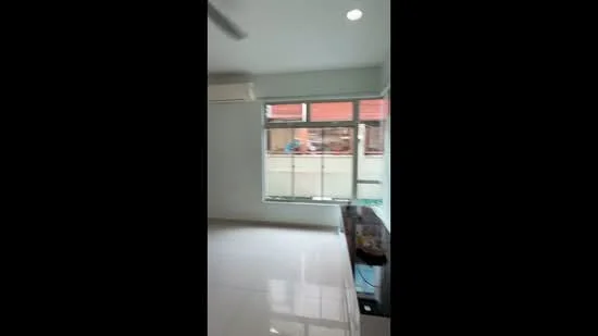 Room features: white painted walls, glossy tile flooring, floor-to-ceiling windows, window treatments, 1 wall-mounted split AC, ceiling light, TV console, view of outdoor area; style: modern.