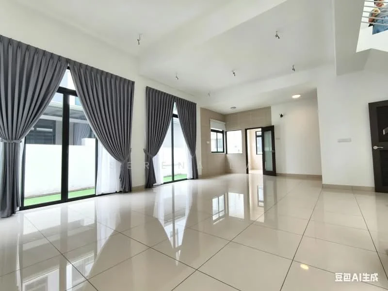 Living features: white painted walls, glossy ceramic tile flooring, tray ceiling, recessed downlights, floor-to-ceiling windows, sliding glass door, sheer curtains, grey curtains, open layout, access to outdoor area; style: modern; view: garden.