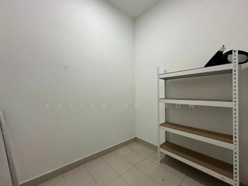 Room features: white painted walls, tile flooring, metal shelving unit with wooden shelves, empty space, no visible windows, minimal decor; style: minimalist.