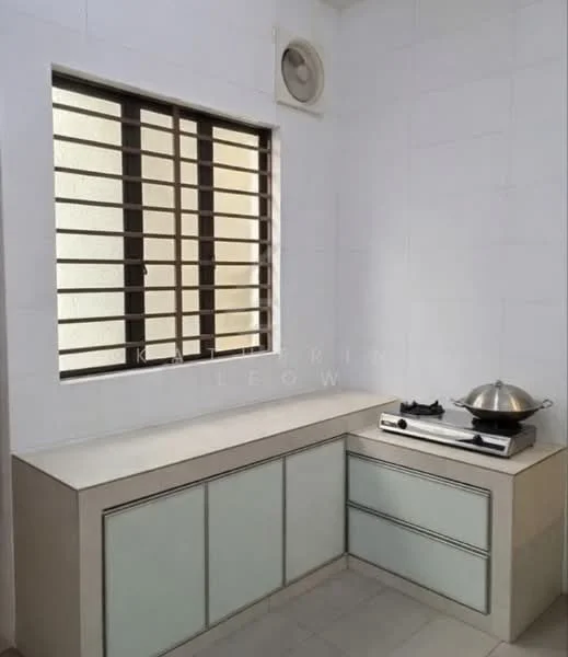 Kitchen features: white tiled walls, light grey cabinetry with glass panels, countertop with integrated stove, stainless-steel pot, window with metal grille, wall-mounted split AC, light grey floor tiles; style: modern.