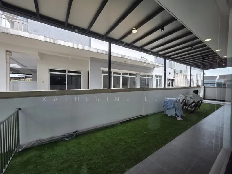 Room features: artificial grass flooring, metal railing, covered walkway, exposed ceiling with lights, grey tiled flooring, white painted walls, windows with natural light, outdoor space; style: modern.