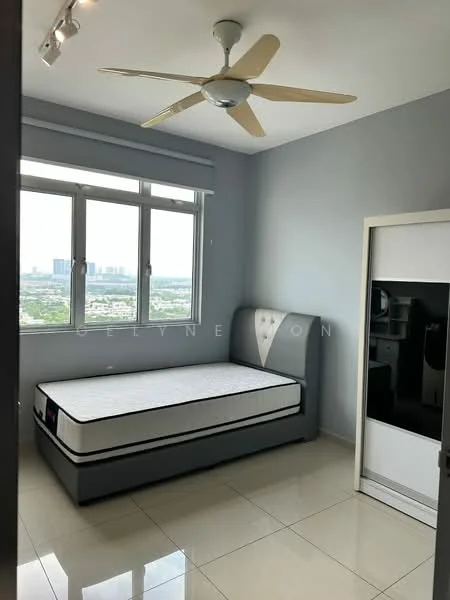 Bedroom features: queen-size bed, upholstered headboard in grey, floor-to-ceiling windows, city view, light grey painted walls, white ceiling, 5-blade ceiling fan, glossy tile flooring, built-in wardrobe with sliding doors, natural light from windows; style: modern; view: city.