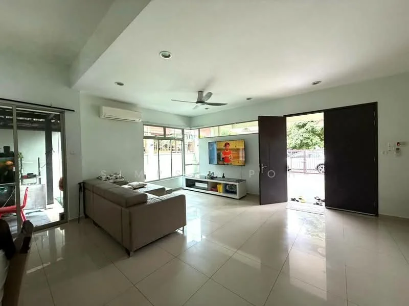 Living features: light grey walls, white ceiling, 5-blade ceiling fan with light, large windows with sheer curtains, sliding glass door, tile flooring, TV console with storage, wall-mounted TV, sofa in light grey fabric, decorative items on console, area rug, natural light from windows; style: modern; view: garden.