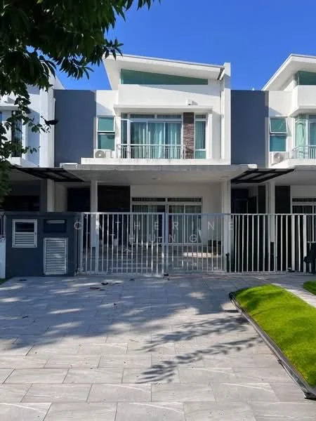 Exterior type: linked terrace house; features: white painted facade, grey accent wall, glass windows, recessed balconies, flat roof, manicured lawn, paved walkway, fenced front yard, outdoor seating area, air conditioning units visible; style: modern.