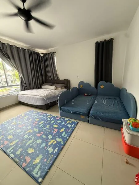 Bedroom features: queen-size bed, upholstered headboard, blue children's bed with star design, area rug with colorful dinosaur pattern, floor-to-ceiling windows, grey curtains, ceiling fan, tile flooring, white painted walls; style: modern.