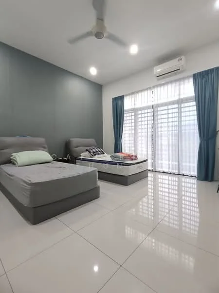 Bedroom features: two single beds with grey upholstered headboards, white bedding on both beds, light grey accent wall, white painted walls, white ceiling with recessed downlights, large sliding glass door, sheer curtains, blue curtains, white tiled flooring, wall-mounted air conditioning unit, ceiling fan; style: modern.