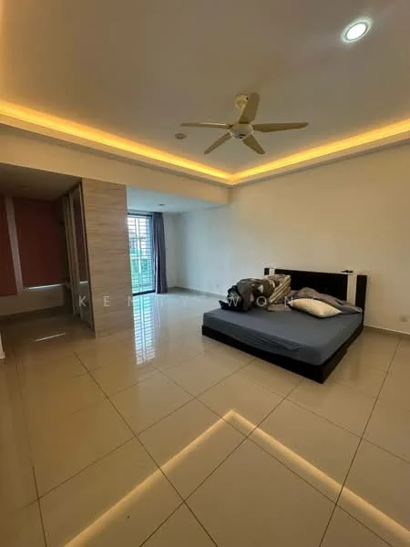 Bedroom features: queen-size bed, upholstered headboard, ceiling fan, recessed LED downlights, white painted walls, glossy tile flooring, floor-to-ceiling windows, curtains, built-in wardrobe; style: modern.
