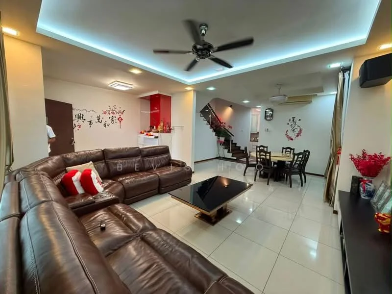 Living features: L-shape sectional leather sofa in brown, coffee table with glass top, wall-mounted TV, decorative wall art, recessed LED downlights, ceiling fan, white painted walls, cream tiled flooring, dining table with chairs, staircase with wooden railing; style: modern.