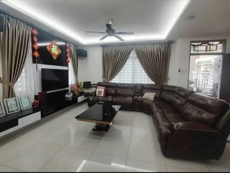 Living features: L-shape sectional leather sofa in dark brown, glass coffee table with black base, wall-mounted TV, white cabinetry with decorative items, recessed LED downlights, 5-blade ceiling fan with light, floor-to-ceiling windows with sheer curtains, curtains in beige, decorative wall art, decorative plants, tile flooring in light color; style: modern.