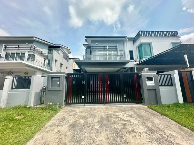 Exterior type: detached bungalow; features: two-storey building, grey painted facade, black metal gate, manicured lawn, driveway with concrete surface, balconies on upper floor, large windows, car porch with awning, surrounded by greenery; style: modern.