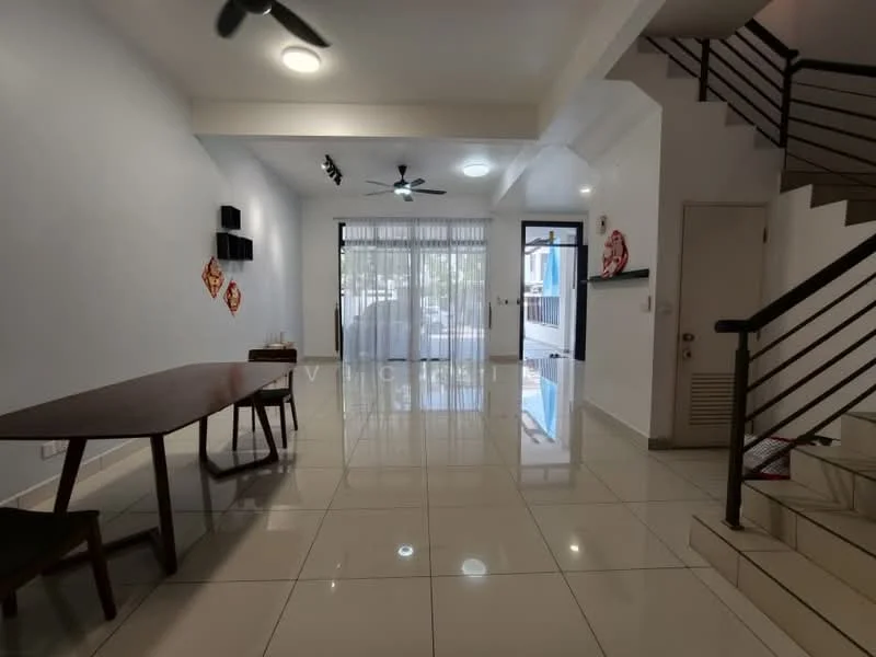 Living features: white painted walls, glossy ceramic tile flooring, 5-blade ceiling fan with light, recessed downlights, large sliding glass door, sheer curtains, dining table, wooden dining chairs, staircase with metal railing, decorative wall art; style: modern.