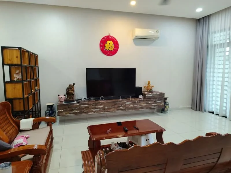 Living features: white painted walls, glossy tile flooring, 5-blade ceiling fan, wall-mounted TV, wooden TV console, decorative wall shelf, sofa with wooden frame, coffee table, curtains, air conditioning unit; style: modern.