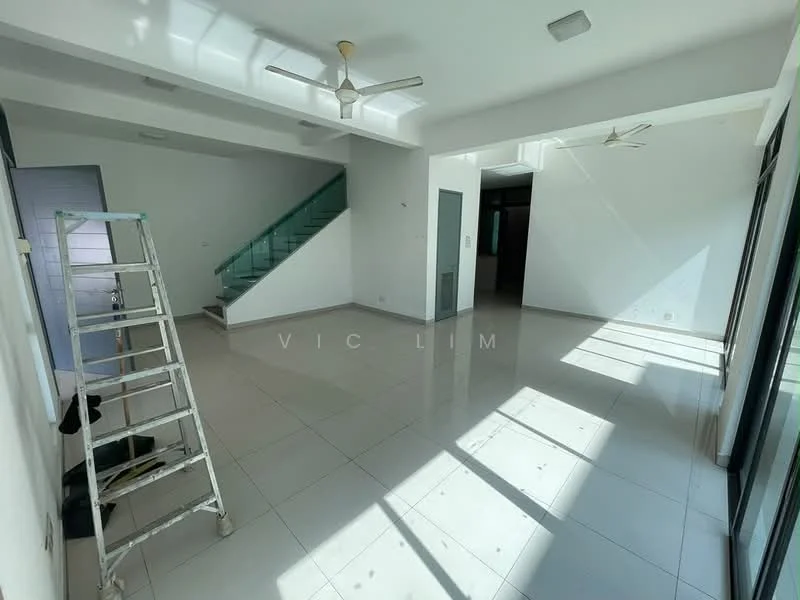 Living features: white painted walls, glossy ceramic tile flooring, 5-blade ceiling fan with light, large floor-to-ceiling windows, natural light streaming in, open layout, staircase visible in background, sliding glass door, neutral color palette, no visible furniture; style: modern.