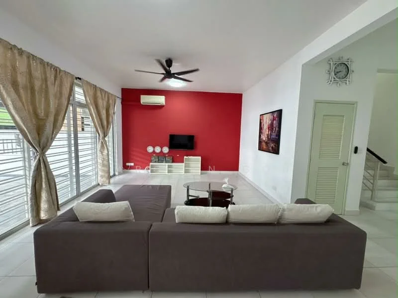 Living features: 3-seater fabric sofa in grey, coffee table, wall-mounted TV, TV console, floor-to-ceiling windows, sheer curtains, recessed downlights, ceiling fan, white painted walls, red accent wall, marble tile flooring, decorative wall clock; style: modern.