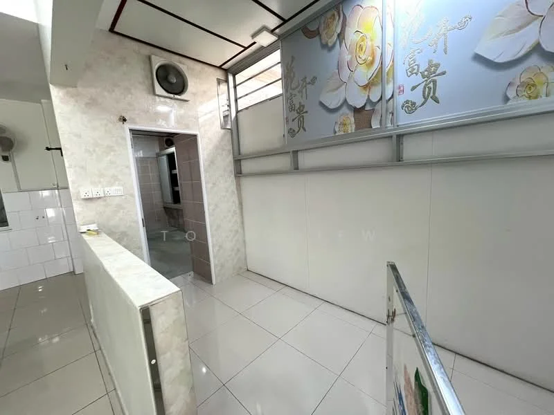 Room features: white tiled flooring, white painted walls, decorative wall with floral design, wall-mounted air conditioning unit, sliding glass door, large window for natural light, ceiling with light fixtures, open layout; style: modern.
