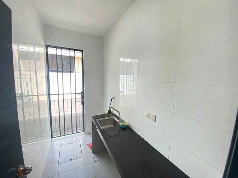 Laundry features: black granite countertop, single-bowl stainless-steel sink, chrome pull-down faucet, white tiled walls, grey ceramic tile flooring, security grille door, window with natural light; style: modern.