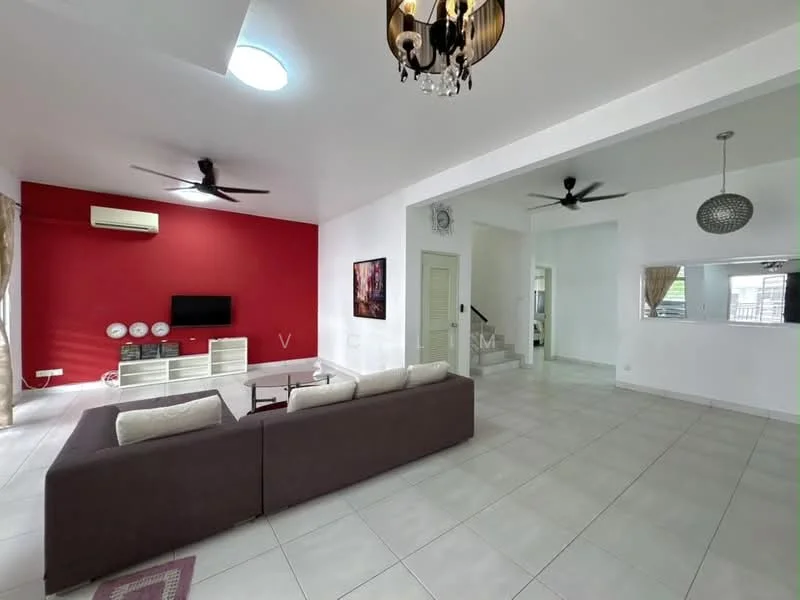 Living features: 3-seater fabric sofa in brown, coffee table, wall-mounted TV, TV console, ceiling fan with light, ceiling fan, white walls, red accent wall, tile flooring, large window with sheer curtains, decorative wall art, skylight; style: modern. Room features: doorway leading to other rooms, light fixture.