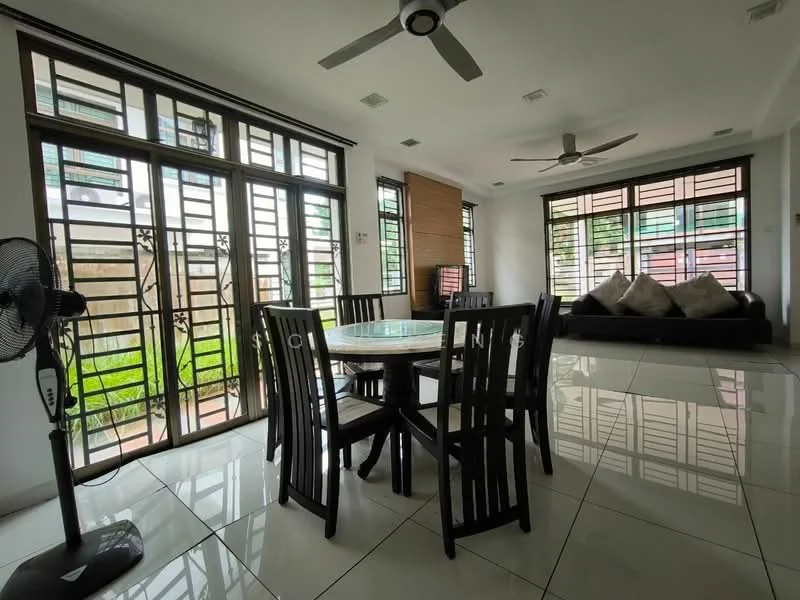 Dining features: round dining table, 4 black wooden dining chairs, white tiled flooring, ceiling fan with light, large windows with black metal grilles, greenery view outside, decorative cushions on sofa, sofa with two large cushions, wall-mounted fan; style: modern; view: garden. Living features: black sofa, decorative cushions, large windows with black metal grilles, white tiled flooring; style: modern; view: garden.