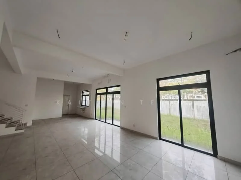 Room features: white painted walls, grey tiled flooring, large floor-to-ceiling windows, sliding glass doors, natural light, open layout, high ceiling, no visible fixtures or furniture; style: modern; view: garden.