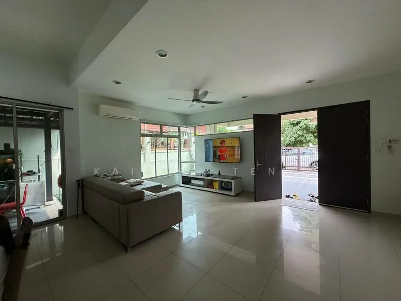 Living features: light grey painted walls, white ceiling, recessed downlights, 5-blade ceiling fan, large floor-to-ceiling windows, sliding glass door, cream tiled flooring, TV console with built-in storage, wall-mounted TV, sofa in light grey fabric, decorative wall art, open layout to outdoor area; style: modern; view: garden.