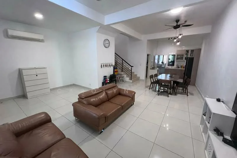 Living features: 3-seater leather sofa in brown, coffee table, wall-mounted TV, ceiling fan, 1 wall-mounted split AC, tile flooring, white painted walls, decorative wall clock, open layout to dining area, staircase visible in background; style: modern. Dining features: round dining table, 4 upholstered dining chairs, tile flooring, white painted walls, open layout to living area, kitchen visible in background; style: modern.
