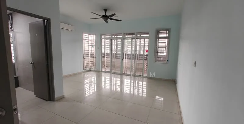 Living features: light blue painted walls, glossy ceramic tile flooring, 5-blade ceiling fan, floor-to-ceiling windows, sliding glass door, window treatments with horizontal slats, air conditioning unit on wall, neutral color scheme; style: modern.