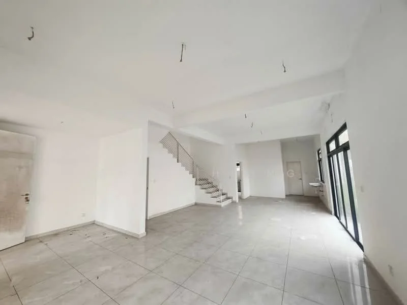 Room features: white painted walls, polished tile flooring, staircase with metal railing, large windows for natural light, open layout, high ceiling, no visible furniture, neutral color scheme; style: modern; view: garden.
