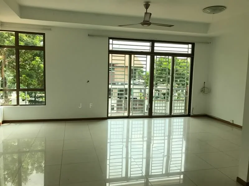 Living features: large floor-to-ceiling windows, sliding glass door, white painted walls, polished ceramic tile flooring, 5-blade ceiling fan, natural light from windows, view of greenery, recessed ceiling lights; style: modern; view: garden.