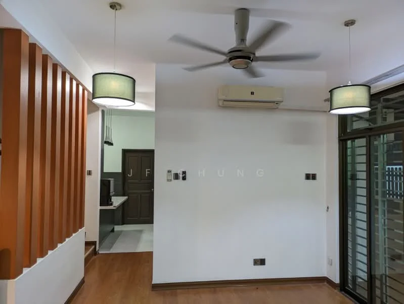 Living features: wooden flooring, white painted walls, 5-blade ceiling fan with light, 2 pendant lamps, wall-mounted air conditioning unit, sliding glass door, window with view to outdoor, decorative wall paneling; style: modern.